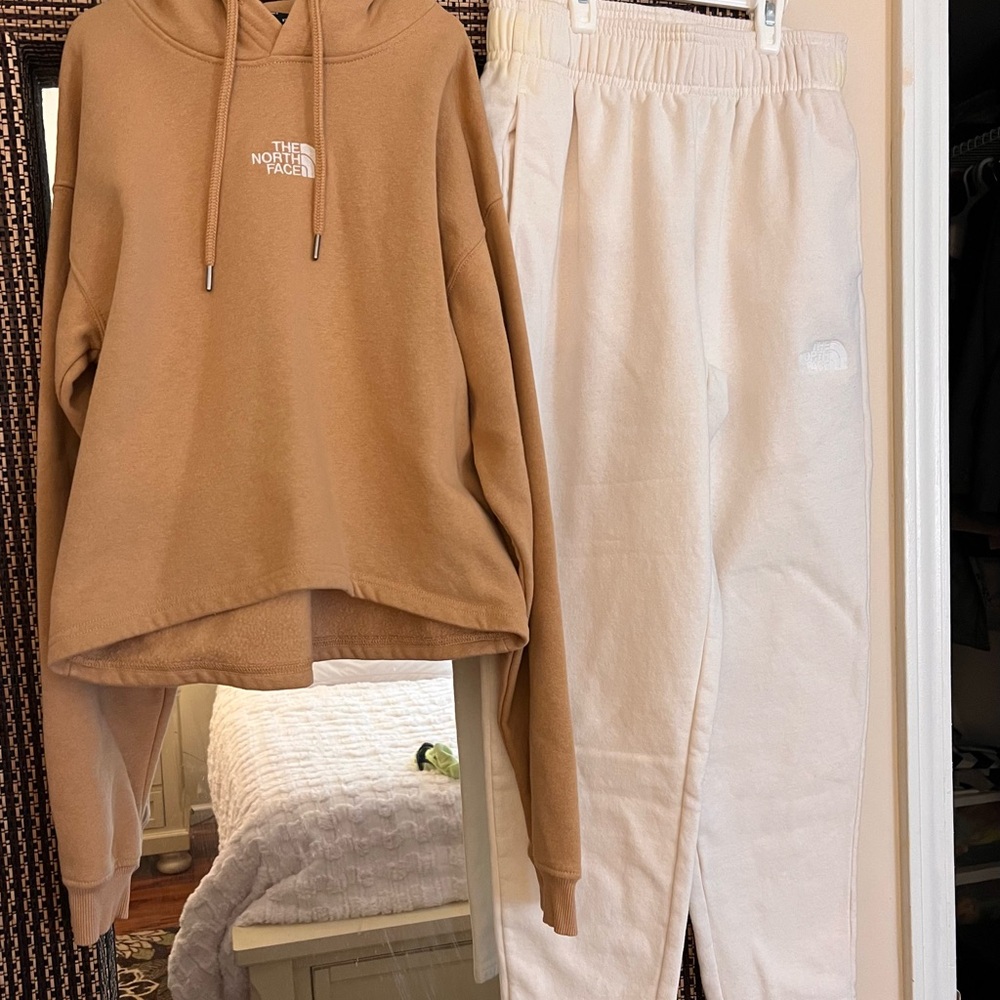 The North Face Brown Hoodie and White Sweatpants Set